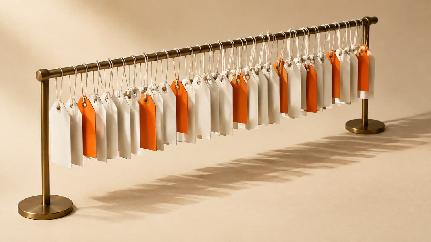 A brass shop rail hung with rows of blank bone-white swing tags on fine thread, a scattered handful of bright orange tags among them
